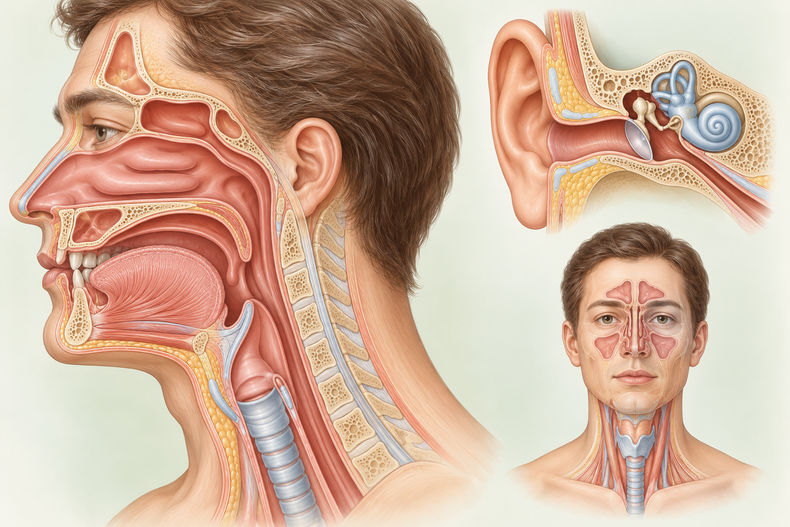 Simplified head and neck cutaway, with an ear inset and a front view of the neck